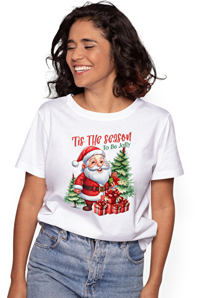 StoryGift Romania Tricou Femei cu Mos Craciun cu mesajul "Tis the Season to be Jolly", Craciun fer WHT_XL