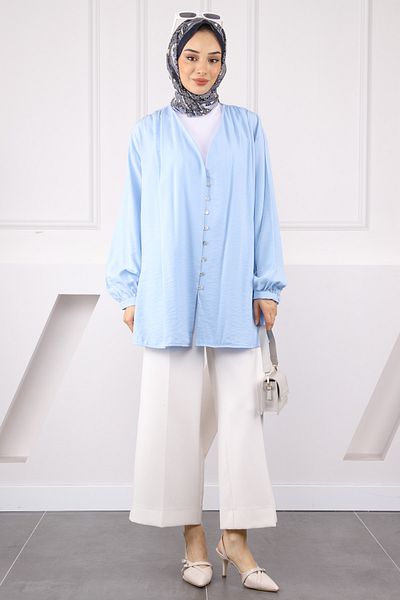 İmajButik Ζακέτα Baby Blue Shoulder με πλισέ με κουμπιά