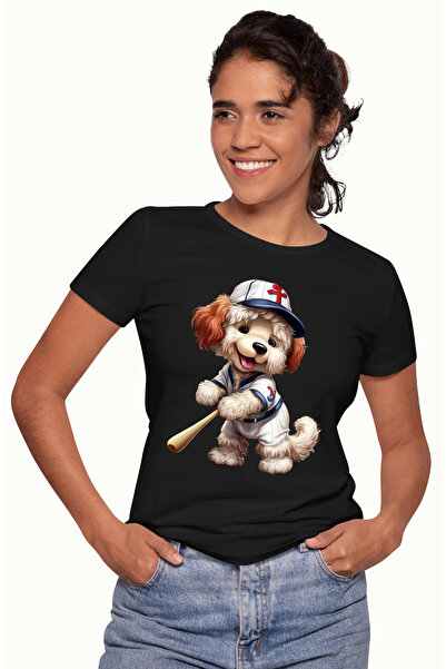 StoryGift Romania Tricou Femei cu un catelus blanos care joaca baseball, ilustratie, sapca, vesel, BLK_XL