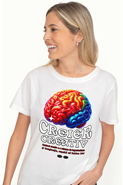 StoryGift Romania Tricou Femei Creier Creativ inteligenta geniu minte minune cu imprimeu pe Fata, WHT_M