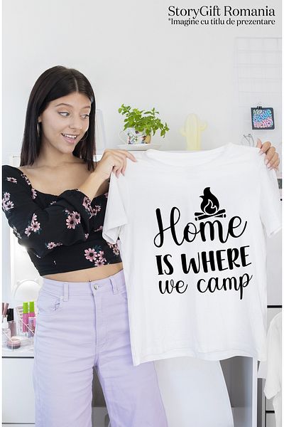 StoryGift Romania Tricou Femei cu mesajul "Home is where we camp" - "acasa" e locul in care campam WHT_XL