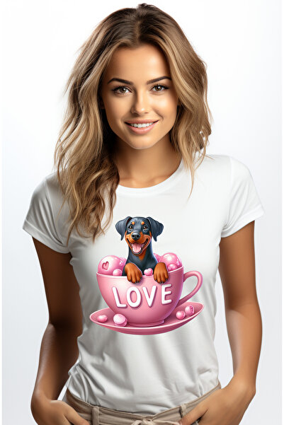 StoryGift Romania Tricou Femei cu un catel care sta intr-o ceasca, ilustratie, mesajul "Love", neg WHT_XL
