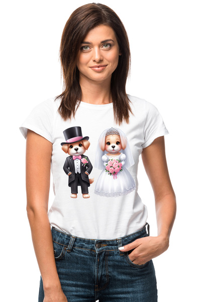 StoryGift Romania Tricou Femei cu o catelusa si un catel la nunta, ilustratie...