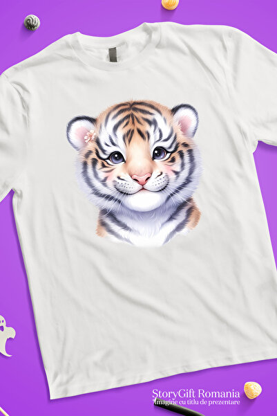 StoryGift Romania Tricou Femei cu un pui de tigru, ilustratie, natura, jungla, copilarie, grija, p WHT_L