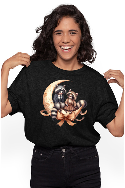 StoryGift Romania Tricou Femei cu 2 ratoni care stau pe semiluna, ilustratie,...