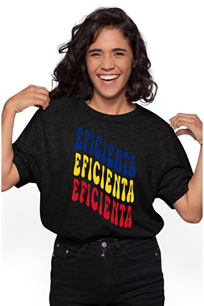 StoryGift Romania Tricou Femei Cuvantul Eficienta, in Culorile Steagului Romaniei, Rosu, Galben, A BLK_M