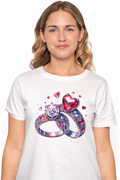 StoryGift Romania Tricou Femei cu 2 inele cu diamante, pietre pretioase, ilus...