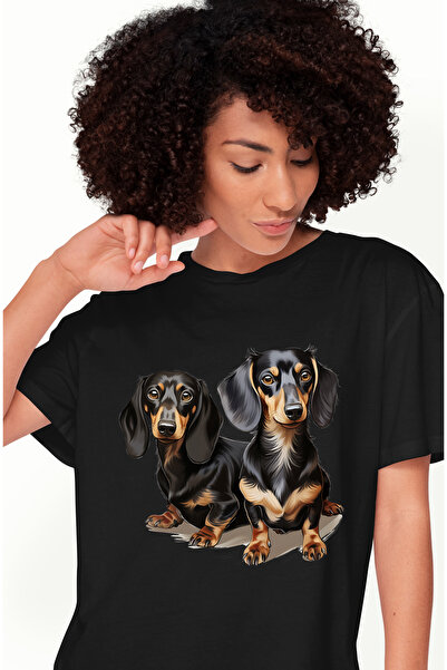 StoryGift Romania Tricou Femei cu 2 catei Dachshund, ilustratie, bucurie, cur...