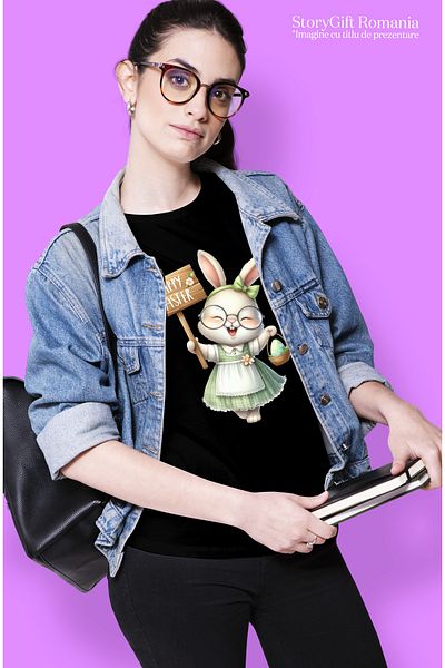 StoryGift Romania Tricou Femei cu o iepuroaica in rochita, ilustratie, Paste fericit, mesajul "Hap BLK_L