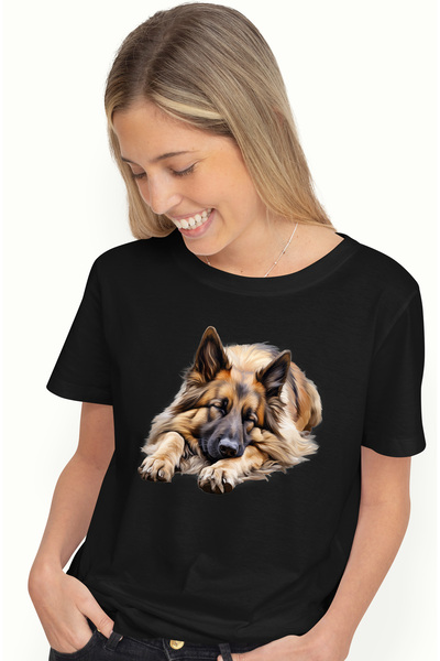 StoryGift Romania Tricou Femei cu un caine lup care doarme, ilustratie, somn, ora de culcare, obos BLK_S