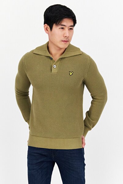 Lyle & Scott Men Spread Collar Long Sleeve Knitted Sweater,Olive