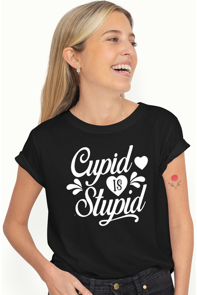StoryGift Romania Tricou Femei cu inimioare si mesajul "Cupid is st*pid" - Valentine's Day indrago BLK_M