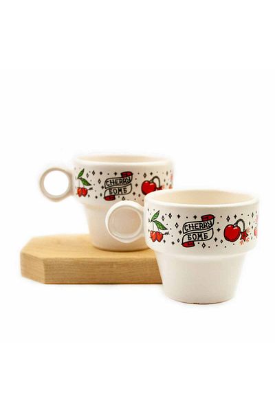 PALTO TASARIM Cherry Patterned Set of 2 Espresso Cups - Gift Ceramic Cup