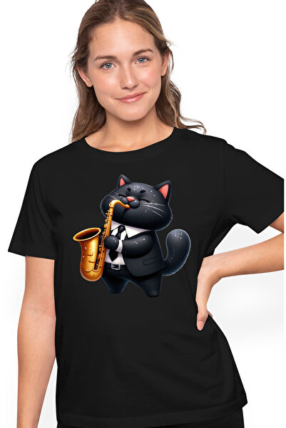 StoryGift Romania Tricou Femei cu o pisica neagra care canta la saxofon, ilus...