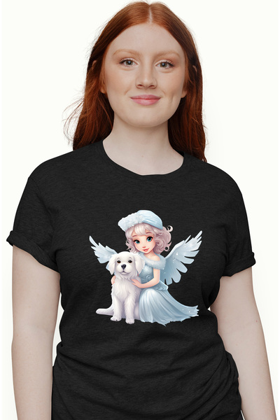 StoryGift Romania Tricou Femei cu o fetita cu aripi, ilustratie, catel alb, r...