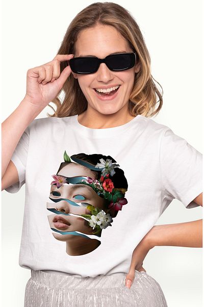 StoryGift Romania Tricou Femei Cu Portret Taiat In Multe Felii, Chip Asiatica, Flori In Par, Frumu WHT_XL
