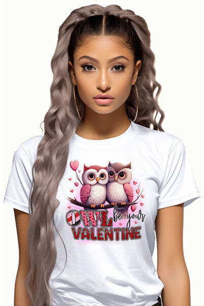 StoryGift Romania Tricou Femei cu 2 bufnite apropiate cu mesajul "Owl be your Valentine", pasari, WHT_XL
