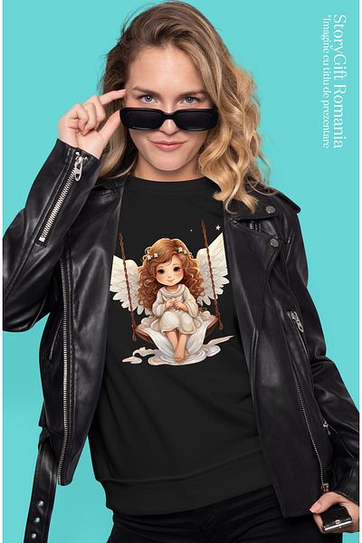 StoryGift Romania Tricou Femei Cu O Fetita Cu Aripi De Ingeras Care Se Da In Leagan, Ilustratie, J Blk_l