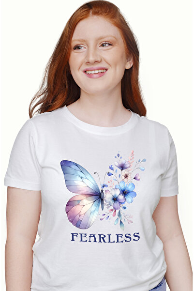 StoryGift Romania Tricou Femei cu mesajul "Fearless", ilustratie, motivational, fluture, flori, fa WHT_XS