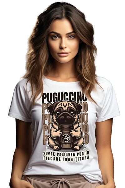 StoryGift Romania Tricou Femei Cafea Puguccino. Pug dog cappuccino cu imprime...