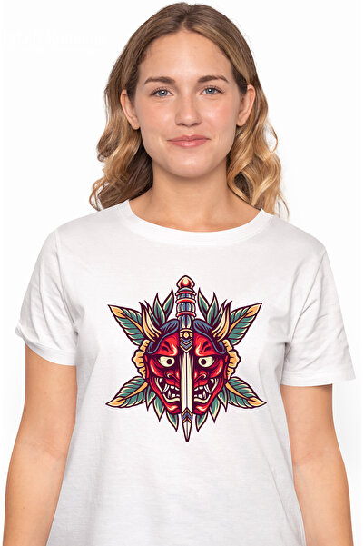 StoryGift Romania Tricou Femei Cu Masca Oni, Demon, Pumnal, Frunze, Flori, As...
