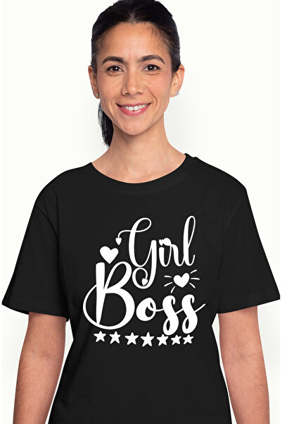 StoryGift Romania Tricou Femei cu inimioare si stelute cu textul "Girl boss" - fata patroana aface BLK_XS