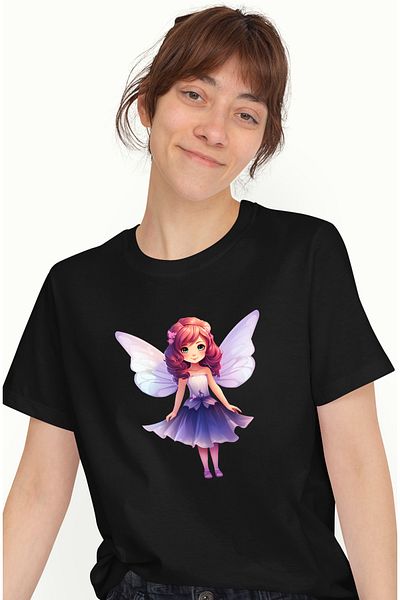 StoryGift Romania Tricou Femei cu o fetita dragalasa cu aripi de zana, ilustratie, rochie, mov, ca BLK_L