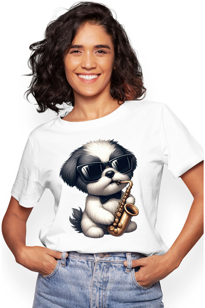 StoryGift Romania Tricou Femei cu un catel care canta la saxofon, ilustratie,...