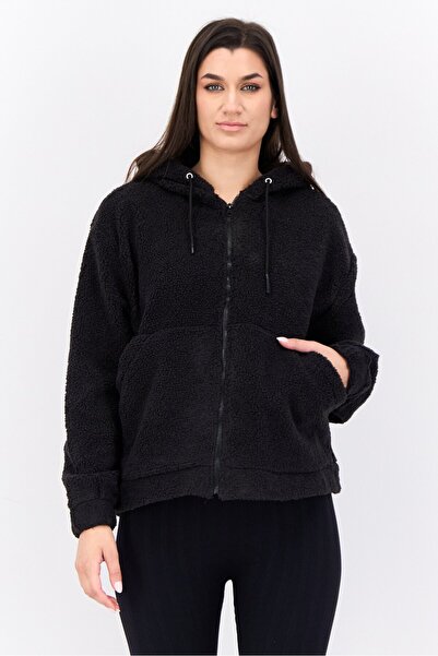 Hype Women Hooded Textured Fleece Long Sleeves Sweatshirt, Black