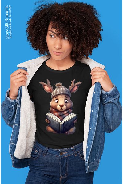 StoryGift Romania Tricou Femei Cu Un Cerb Care Citeste Dintr-o Carte, Ilustratie, Lectura, Pentru Blk_l