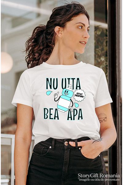 StoryGift Romania Tricou Femei nu uita bea apa hidratarea, citat profund cu imprimeu pe Fata, 100% WHT_M