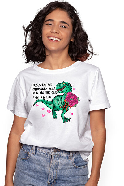 StoryGift Romania Tricou Femei cu dinozaur care tine in brate un buchet de trandafiri cu mesajul " WHT_XS