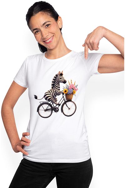StoryGift Romania Women's T-shirt with a zebra riding a bicycle, illustration, basket with flowers, p WHT_XS