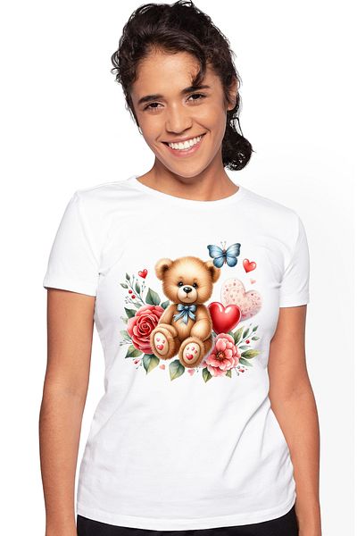 StoryGift Romania Tricou Femei cu un ursulet de plus, ilustratie, fluture, iubire, inimioare, Vale WHT_XS