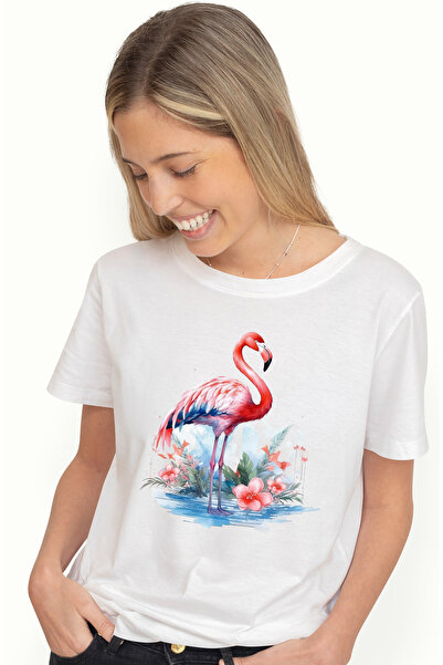 StoryGift Romania Tricou Femei cu o pasare Flamingo, ilustratie, floricele, roz, plante, natura, v WHT_M
