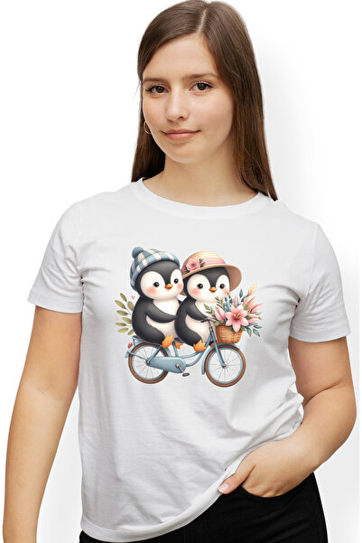 StoryGift Romania Tricou Femei cu 2 pinguini care merg cu bicicleta, ilustrat...