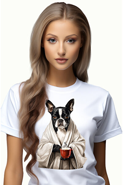 StoryGift Romania Tricou Femei cu un caine cu un capod alb care tine o ceasca...