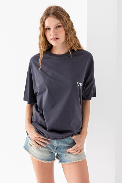 GİYSA Γυναικείο μπλουζάκι με λαιμόκοψη με φιόγκο κεντημένο 100% βαμβάκι Anthr...