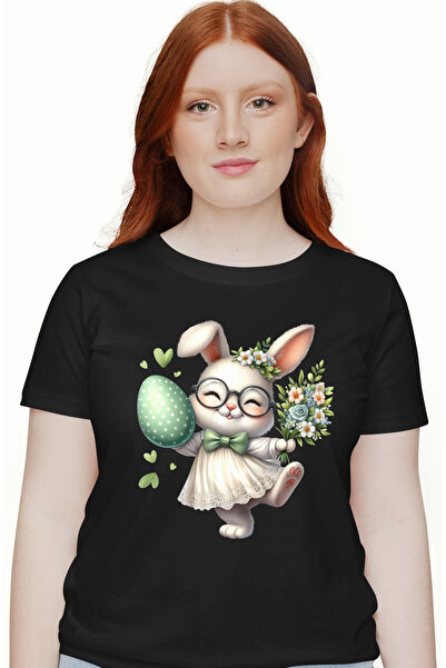 StoryGift Romania Tricou Femei cu o iepuroaica in rochita alba, floricele, bucurie, ochelari, inim BLK_XL