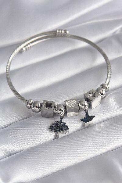 Skygo 316L Steel Silver Color Zircon Stone Heart Detail Tree of Life Figure Charm Women's Bracelet - TJ-BB5833