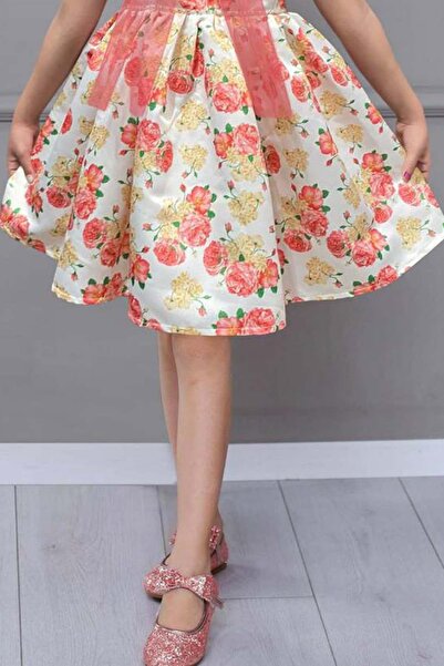 Riccotarz Rochie albă cu guler imprimat floral pentru fetiță, cu fundă transparentă