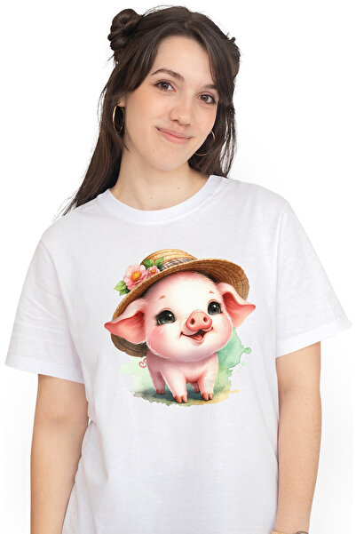 StoryGift Romania Tricou Femei cu un purcelus vesel, poarta o palarie, ilustr...