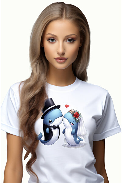 StoryGift Romania Tricou Femei cu 2 balene la nunta, ilustratie, casatorie, m...