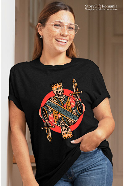 StoryGift Romania Tricou Femei Cu Schelet, Rege, Sabie, Coroana, Carte De Joc, Multicolor cu impr BLK_L