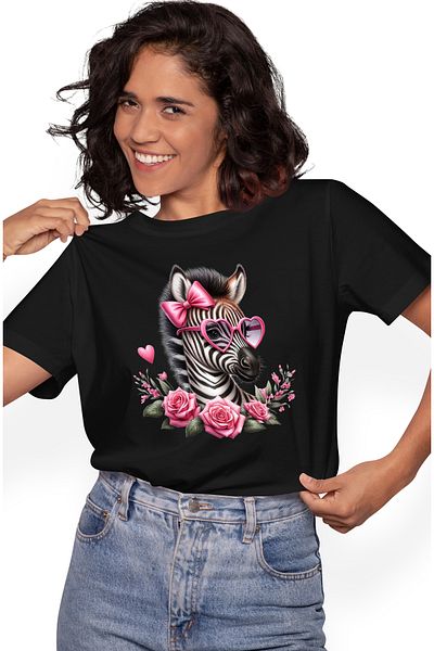 StoryGift Romania Women's T-shirt with a zebra wearing heart-shaped glasses, illustration, BLK_XS