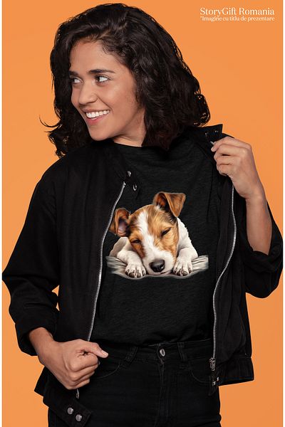 StoryGift Romania Women's T-shirt with a sleeping puppy, deep sleep, in the world of dreams, white, orange BLK_XS