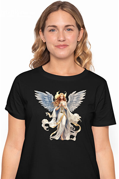 StoryGift Romania Tricou Femei cu o femeie cu aripi de inger, tine o trompeta, ilustratie, rochie BLK_XL