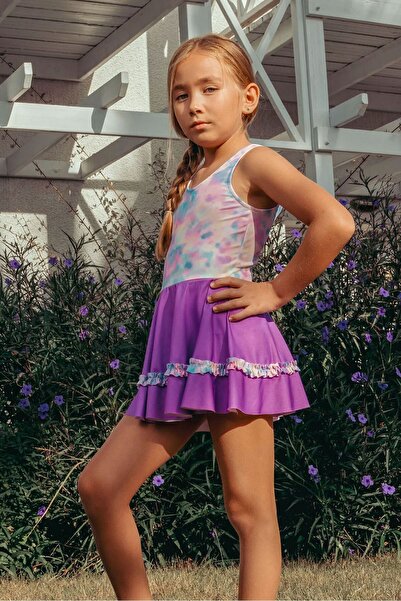 Minigimin Cicileri My Little One's Cicileri (3-12 Years) Tie-Dye Patterned Girls' Skirted Swimsuit - Purple