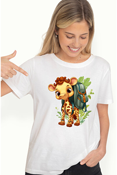 StoryGift Romania Tricou Femei cu o girafa exploratoare, ilustratie, natura, ghiozdan, echipata, f WHT_S