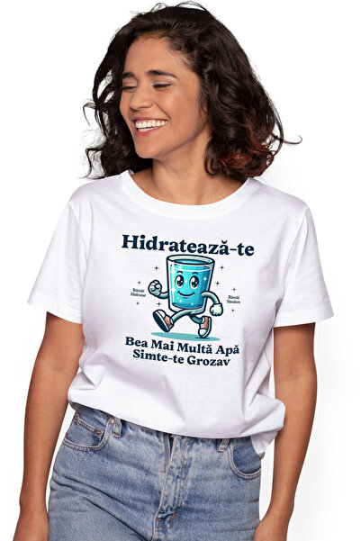 StoryGift Romania Tricou Femei pahar cu apa zambaret hidrateaza-te cu imprime...
